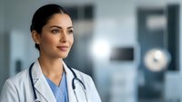 Professional female doctor in white coat with stethoscope standing confidently in modern hospital setting with medical equipment background.