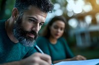 Middle-aged Caucasian man with gray beard in teal sweater focused on writing while African American woman works in background, soft bokeh lighting effect.