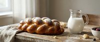 Freshly baked braided challah bread on rustic wooden table with milk pitcher, perfect for breakfast or holiday meals in warm kitchen setting.