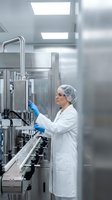 Female scientist in white lab coat and hair net operating pharmaceutical manufacturing equipment in sterile cleanroom facility for drug production and quality control.