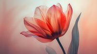 Translucent red tulip flower with delicate petals and green stem against soft pink gradient background for spring botanical design projects.