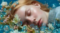 Young woman with blonde hair sleeping peacefully among delicate flowers and floating bubbles against blue background, creating dreamy ethereal atmosphere for wellness and relaxation concepts.