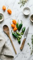 Fresh orange habanero and green jalapeno peppers with herbs and spices on marble surface for cooking and food preparation.