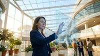 A professional woman with dark hair and medium complexion, wearing a dark blazer, gestures toward a holographic digital interface in a modern glass atrium with colleagues in background.