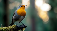 European blurred forest background with golden bokeh lights, displaying distinctive orange breast and gray plumage.