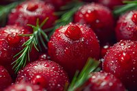 Fresh ripe cranberries with water drops and rosemary sprigs in macro shot, perfect for holiday cooking, food packaging design and seasonal marketing materials.