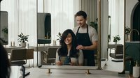Professional male hairdresser styling Asian woman's hair in modern salon interior with mirrors and plants creating welcoming atmosphere for beauty services.