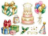 Wrapped gift boxes with gold and red bows, tiered birthday cake with candles, colorful balloons, party hat, and holly decoration isolated on white background for celebration design projects.