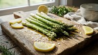 Fresh green asparagus spears with sesame seeds and lemon slices on rustic wooden cutting board, healthy cooking ingredients for spring recipes.