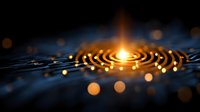 Glowing concentric circles with central light source creating ripple effect against dark background, orange bokeh lights scattered across surface for spiritual concept.