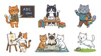 Cartoon cats in various school and learning scenarios, including studying with books, teaching at blackboard, and playing outdoors. Isolated clipart collection on white background, ready for educational materials, children's designs, and learning-themed projects.