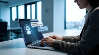 Professional businesswoman using laptop with cybersecurity interface in modern office environment for digital protection and data security solutions.