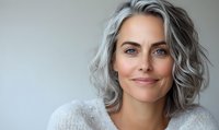 Confident mature woman with natural gray hair and bright blue eyes wearing white sweater smiles warmly against light background, embodying aging gracefully.