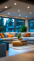 Modern living room interior with large windows, grey sectional sofa, orange accent pillows, woven pouf and potted plants. Natural light and recessed ceiling lights create cozy ambiance.