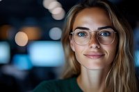 Young Caucasian woman with glasses smiling at camera against blurred bokeh background. Professional portrait for business, education, or technology concepts.