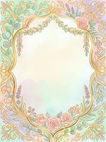 Watercolor floral frame with gold ornate border, pastel roses, green leaves, and soft rainbow background for wedding or greeting cards.