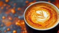 Creamy cappuccino with artistic latte art foam design in white ceramic cup, warm coffee shop atmosphere with golden bokeh lights creating cozy ambiance.