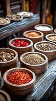 Variety of colorful spices and seasonings in rustic wooden bowls on dark table, including red peppercorns, dried herbs, nuts and aromatic ingredients for cooking.