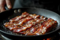 Crispy bacon strips cooking in cast iron skillet with sizzling fat and seasoning, close-up view showing texture and caramelization in morning light.