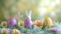 Festive Easter composition with glitter cross, decorative bunny, sparkly eggs in purple and gold, and delicate daisies on soft bokeh background for holiday designs.