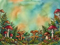 Watercolor forest floor scene with red and golden mushrooms, ferns, and moss on soft green and yellow gradient background, suitable for children's book illustrations, nature-themed designs, and woodland artwork.
