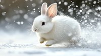 White bunny rabbit running through snow with flying snowflakes, side view against winter background, magical holiday atmosphere for greeting cards and seasonal designs.