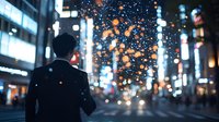 Asian businessman in dark suit viewed from behind on night city street with glowing bokeh lights and magical sparkle overlay effect creating dreamy urban atmosphere.