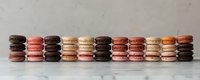 Row of assorted French macarons in brown, pink, beige and orange shades arranged in neat stacks on marble surface, sweet dessert panorama.