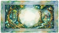Enchanted forest clearing with ancient trees forming magical circle, fairy tale woodland scene with mystical atmosphere and ornate decorative border frame.