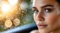 Young woman with blue eyes and glowing skin surrounded by golden light particles and bokeh effects for beauty and skincare concepts.