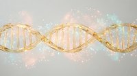 Golden DNA double helix structure with glowing particles and light effects on neutral background for medical research and biotechnology concepts.