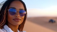 Young African American woman wearing aviator sunglasses with blue lenses smiling confidently at sunset in desert landscape, warm golden light illuminating her face and white collar.