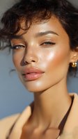 Young mixed race woman with glowing skin and natural makeup in warm sunlight, showcasing dewy complexion and freckles for beauty and skincare advertising.