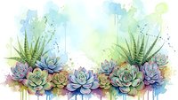 Watercolor succulent border with colorful paint splashes and dripping effects on white background for botanical design projects and decorative elements.