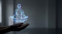 Holographic meditation figure floating above open palm in lotus position with glowing blue energy aura for wellness technology and mindfulness concepts.