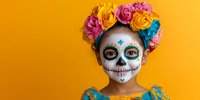 Traditional Mexican sugar skull face paint makeup with colorful rose flower crown against vibrant yellow background, celebrating Day of the Dead festival.