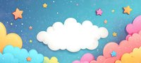 Dreamy night sky with colorful paper cut clouds and glowing stars floating in turquoise atmosphere. Whimsical nursery art background for children decor.
