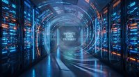 Futuristic data center corridor with glowing server racks and holographic tunnel displaying digital pathways for technology and computing concepts.