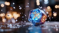 Magical blue crystal ornament with golden snowflake pattern catching light reflections amid water droplets and bokeh lights creating dreamy holiday atmosphere.