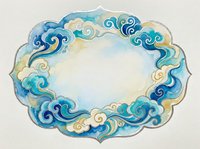 Watercolor oval frame with blue swirling clouds and decorative border on white background isolated for design projects and artistic compositions.