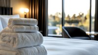 Fresh white folded towels stacked on hotel bed with warm lighting and window view, showcasing luxury hospitality amenities and comfortable accommodation setting.
