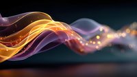 Glowing abstract waves in purple, gold, and orange colors flowing against dark background with light particles creating dynamic motion effect.