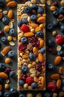 Homemade granola bar with fresh blueberries, raspberries, dried cranberries, almonds and peanuts on dark background, macro food photography.