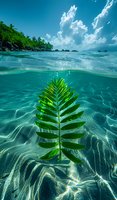 Split view of tropical waters with floating palm leaf underwater against rocky coastline and blue sky with white clouds, capturing tranquil ocean scenery.