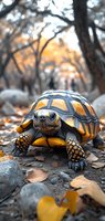Radiated tortoise walking on autumn forest floor with fallen yellow leaves. Close-up portrait shows detailed shell pattern and scales in natural habitat.
