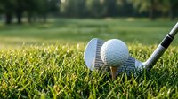 Golf club and ball on green grass course ready for shot with blurred fairway background in warm sunlight for sports and recreation activities.