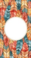 Colorful tribal feathers in red, orange, blue and yellow tones arranged in circle frame on white background, isolated design element for invitations, cards, posters and creative projects.