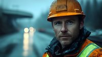 Middle-aged Caucasian construction worker in orange safety vest and hard hat at industrial site during evening hours for workplace safety concepts.