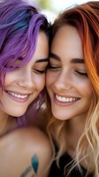 Two young women with colorful hair embracing and smiling with eyes closed, showing friendship and joy in natural outdoor light for lifestyle content.