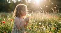 Young girl blowing dandelion seeds in sunny meadow with wildflowers during golden hour creating magical childhood moment in nature.